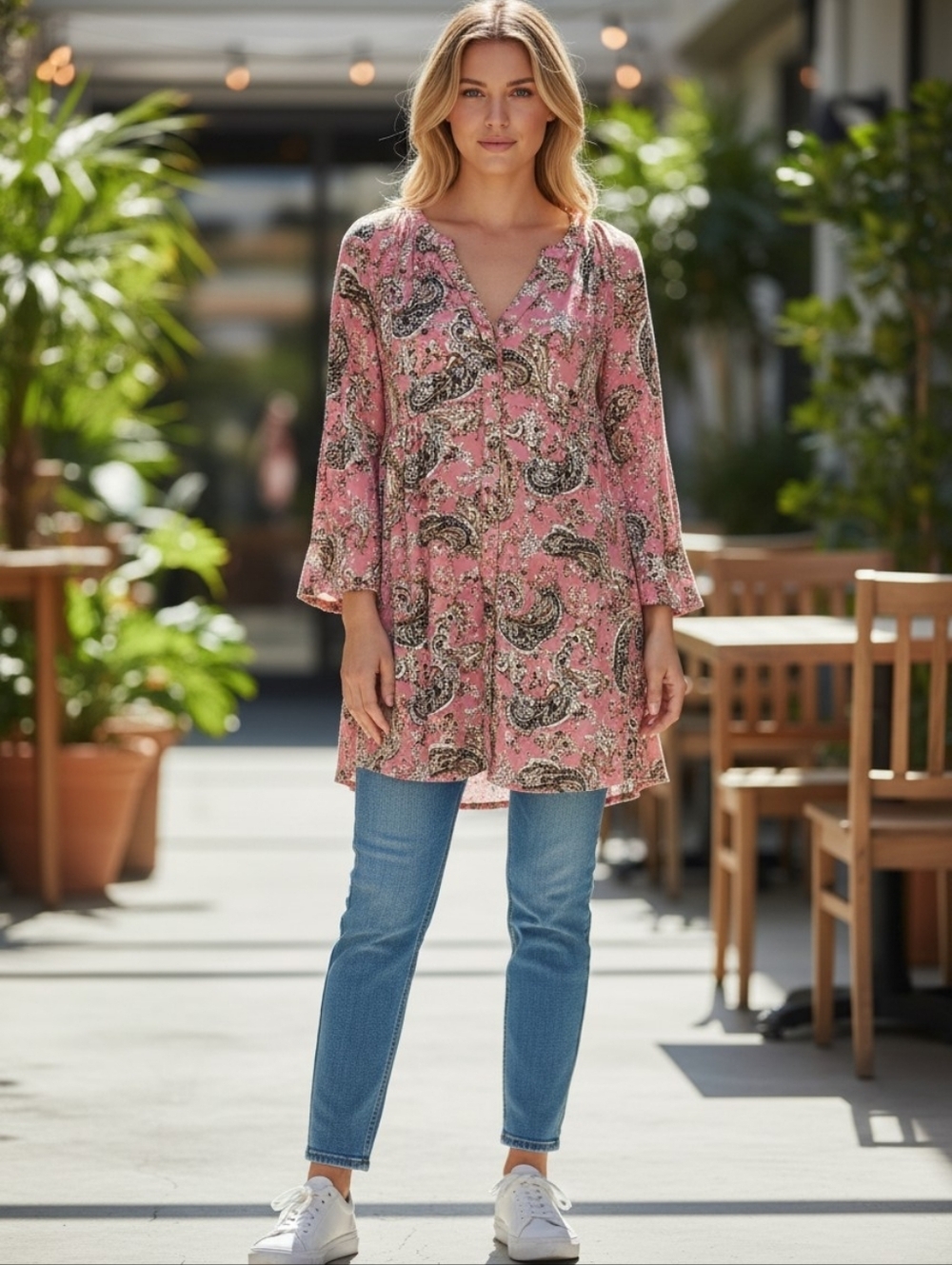 Melloday Pink Paisley V-Neck Tunic Size L
